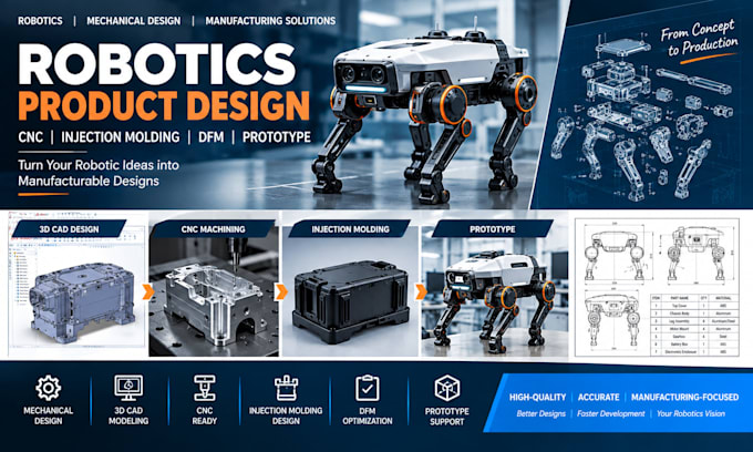 design robotic products for cnc machining, injection molding and dfm prototype