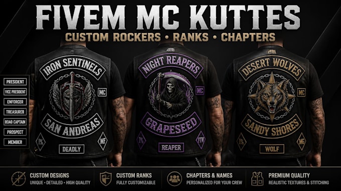 create fivem mc kuttes with custom chapter rockers and ranks