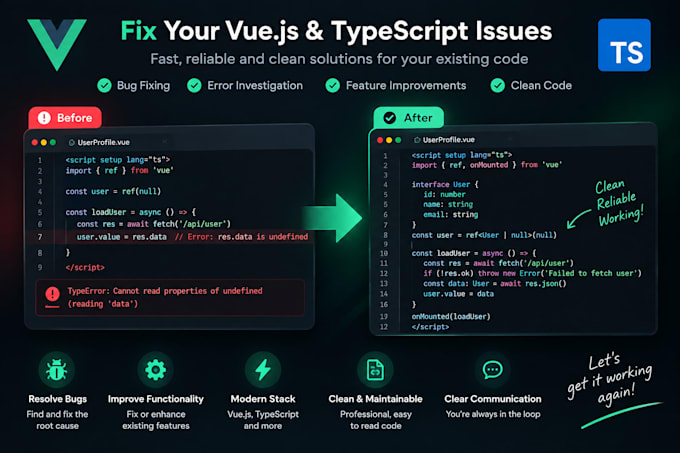 fix bugs and develop features in your vue and typescript project