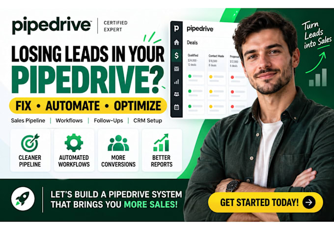 setup, automate and optimize pipedrive CRM, sales pipeline and workflows
