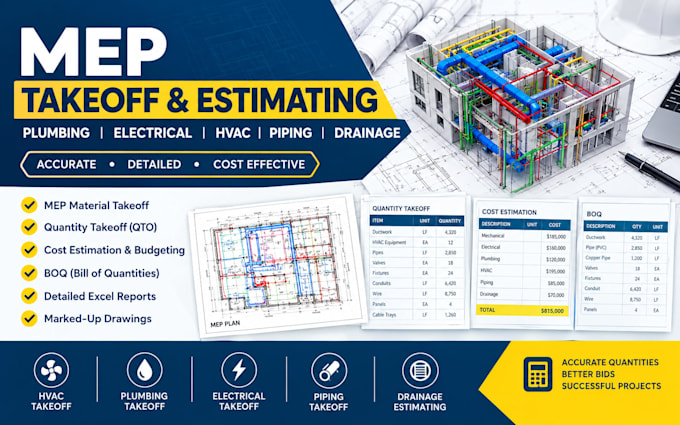 do accurate mep takeoff and plumbing electrical estimate for bids