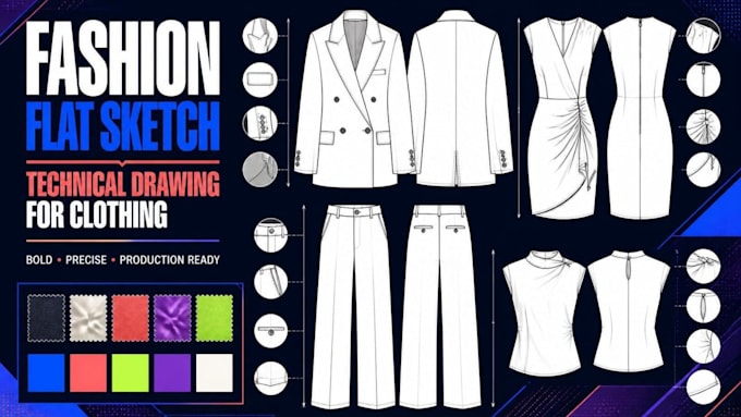 draw fashion flat sketch and technical drawing for clothing