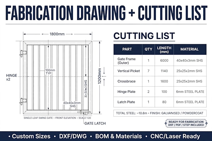 do fabrication drawing for gate fence with cutting list