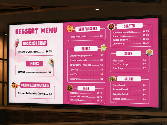 design a digital menu board, TV menu and restaurant led menu