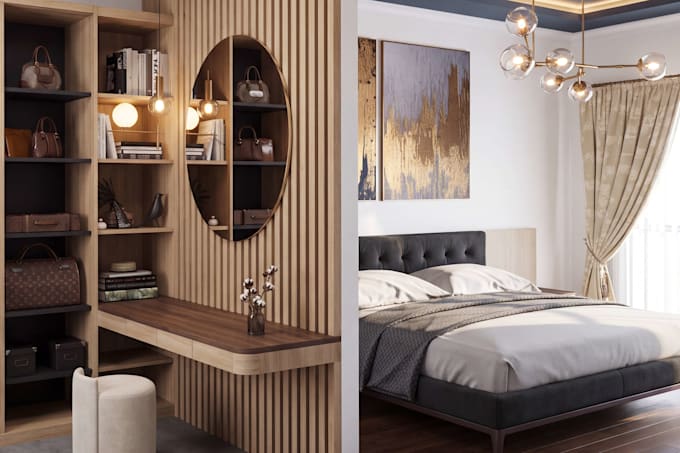 create 3d interior renders for living room, bedroom and dressing rooms