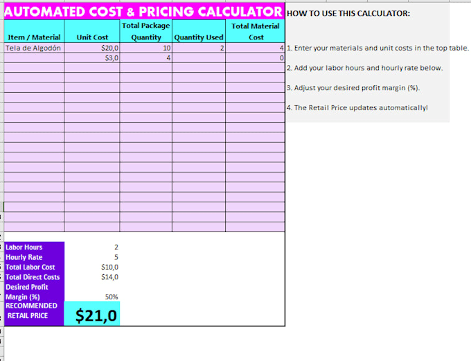 create an automated excel cost and pricing calculator spreadsheet