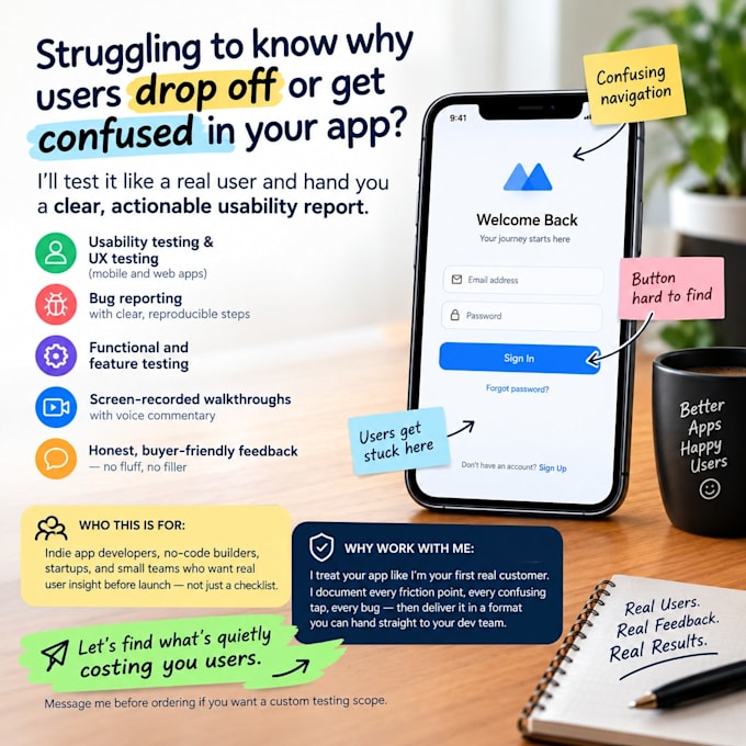 do app usability testing, UX testing, and detailed