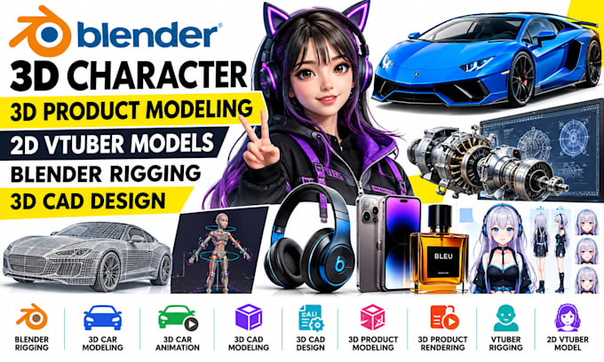 3d character 3d product modeling 2d vtuber models blender rigging 3d cad design