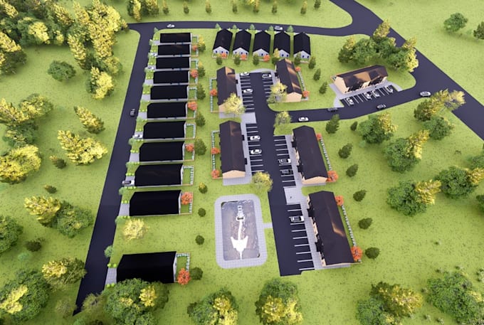 buildup 3d residential site plan, suburban housing development, townhouse render