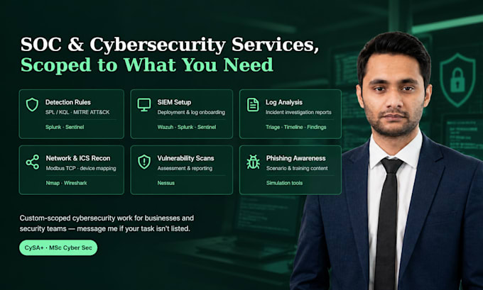 give soc and cybersecurity services, detection engineering, siem, log analysis