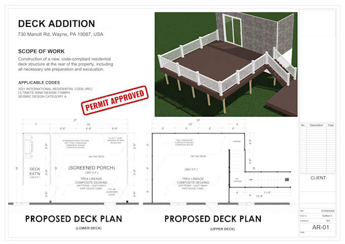 draft deck, sunroom, porch or patio permit drawing set