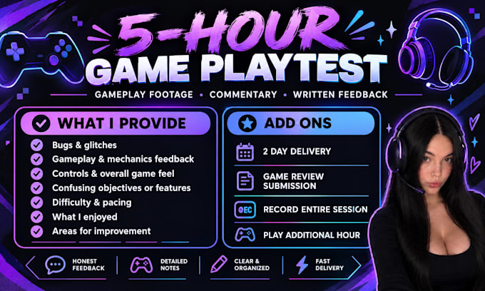 playtest your game for 5 hours and provide written feedback