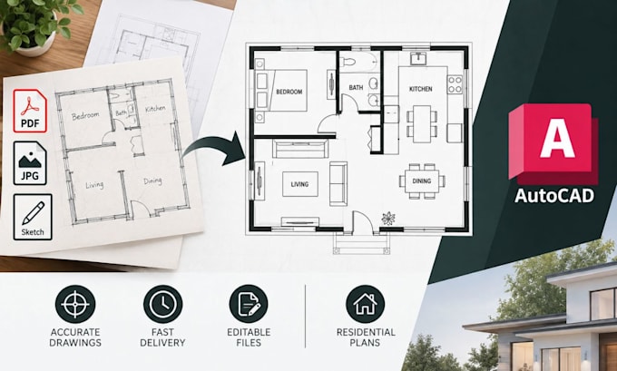 redraw existing house floor plan from PDF, sketch or image into autocad