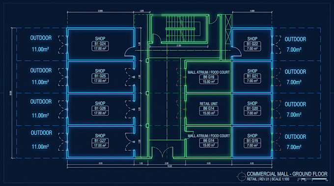 do spatial coding and calculate areas for commercial buildings
