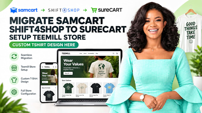 migrate samcart shift4shop to surecart, setup teemill store custom tshirt design