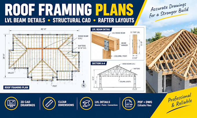draft roof framing plans, lvl beam details and structural cad drawings