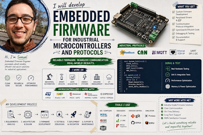 develop embedded firmware for industrial microcontrollers and protocols