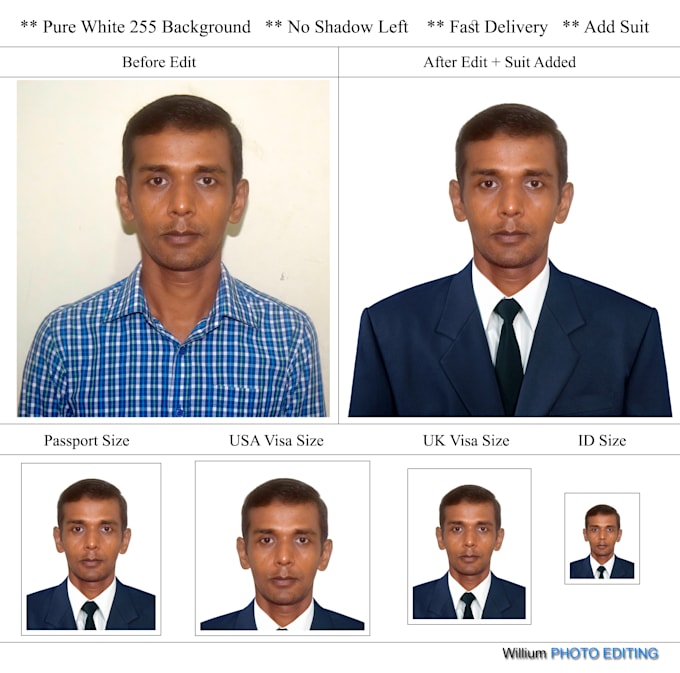 do pure white background 255 passport photo with suit