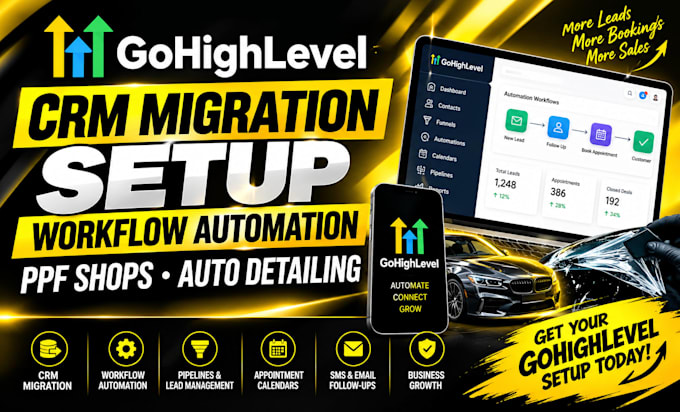 gohighlevel CRM migration setup workflow automation for ppf shops auto detailing