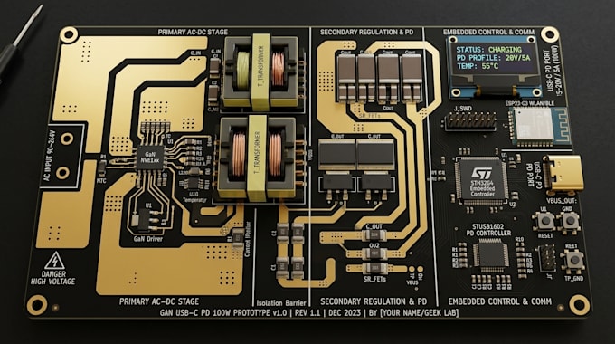 design gan usb c pd charger pcb, power electronics and embedded hardware