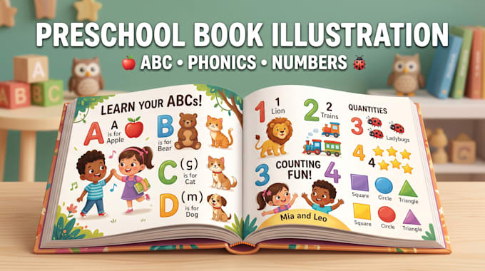 illustrate preschool educational books with fun learning characters