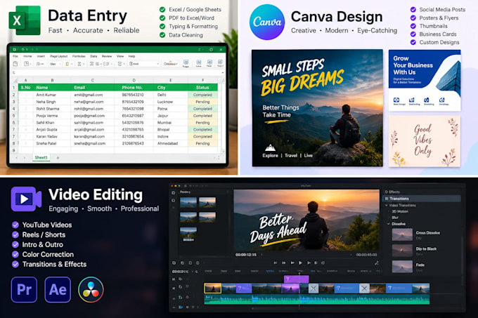 do data entry , video editing , canva design, translation