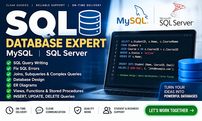 write sql queries and fix mysql and sql server errors