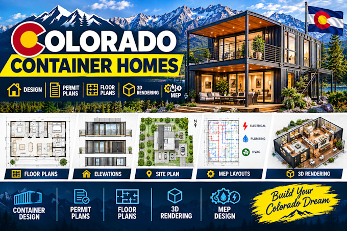 design colorado city permit container homes, floor plans, 3d rendering mep plan