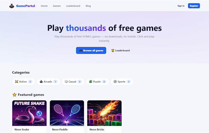 build modern online game portal website