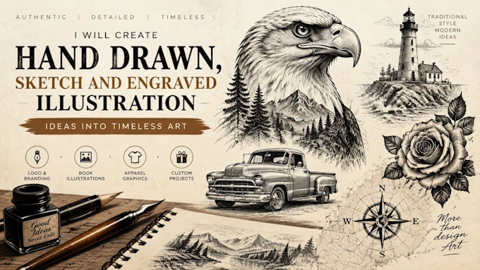 create hand drawn, sketch and engraved illustration