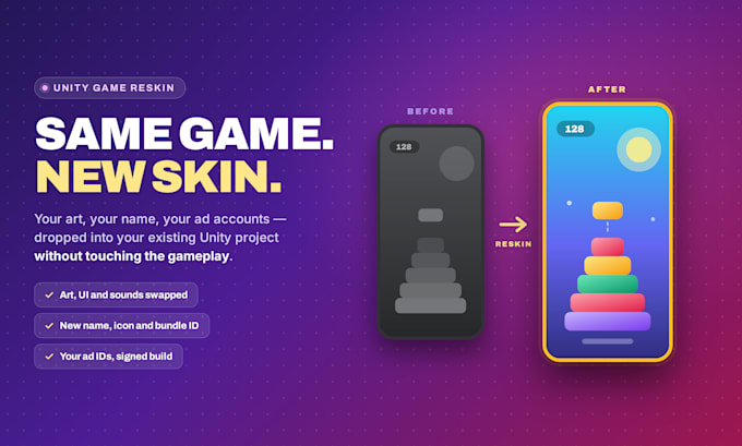 reskin your unity game with new art, ads and a store ready build