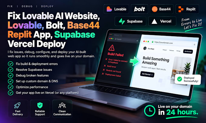 fix lovable ai website, lovable bolt base44 replit app, supabase vercel deploy