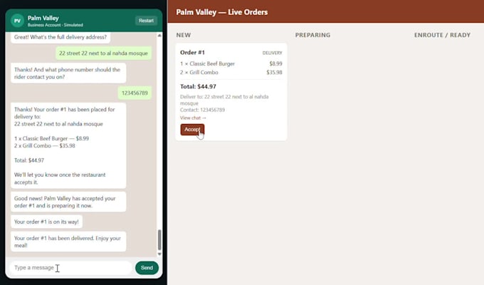 build a whatsapp ordering bot and live order dashboard