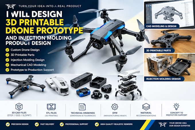 design 3d printable drone prototype, product design injection molding prototype