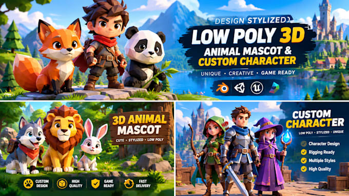 design stylized low poly 3d animal mascot and custom character