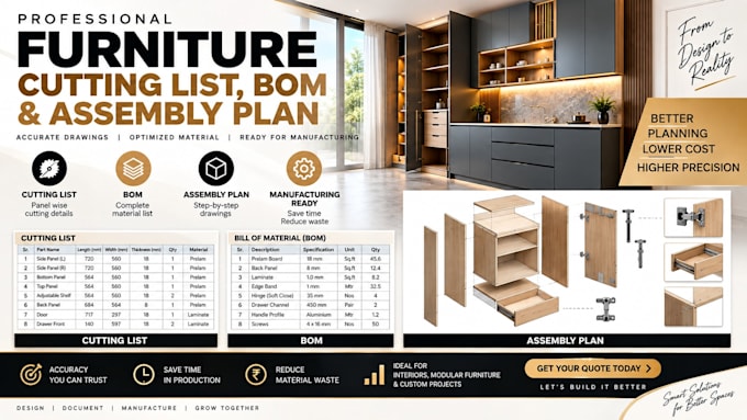 do furniture cutting list, boq, assembly plan, hardware details