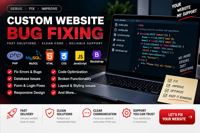 fix bugs and errors in your PHP HTML CSS javascript website