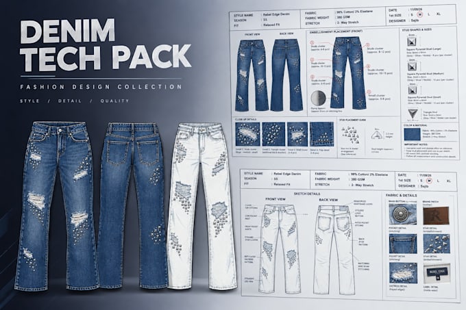 make women denim tech pack with emblishment design