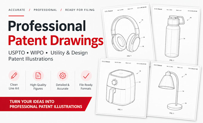 create patent  drawings, patent illustrations, uspto utility and design patent