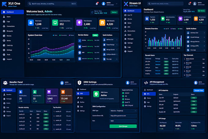 install xui one panel, xtream ui, drm on vps, with reseller panel setup, apis