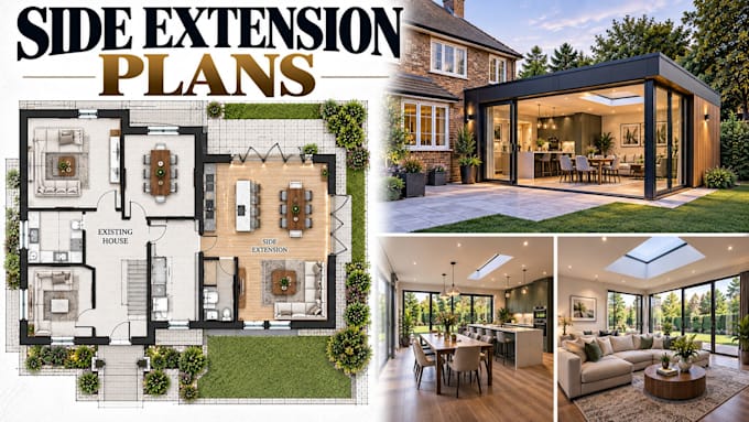 create side extension floor plans with detailed 3d visualization