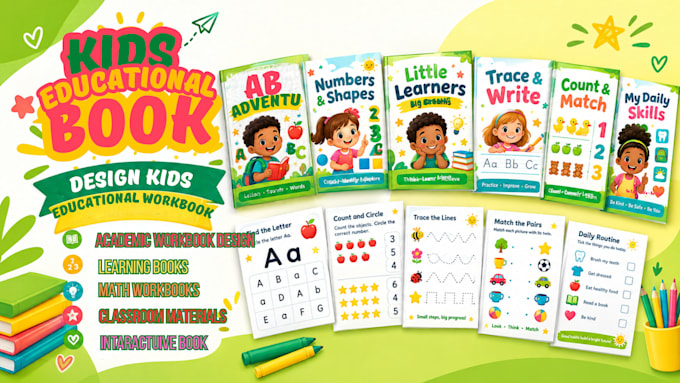 design kids educational workbook, interactive kid worksheet, kid activity book