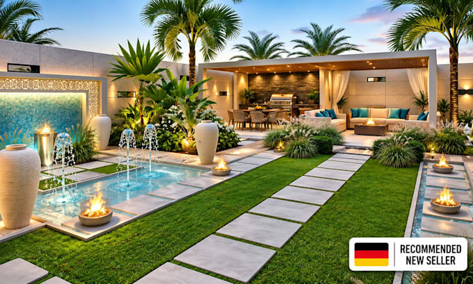 contextual lanscape backyard design, landscape architect pool 3d garden