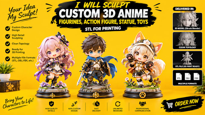 sculpt 3d anime action figures, chibi toys and  figurines for printing models