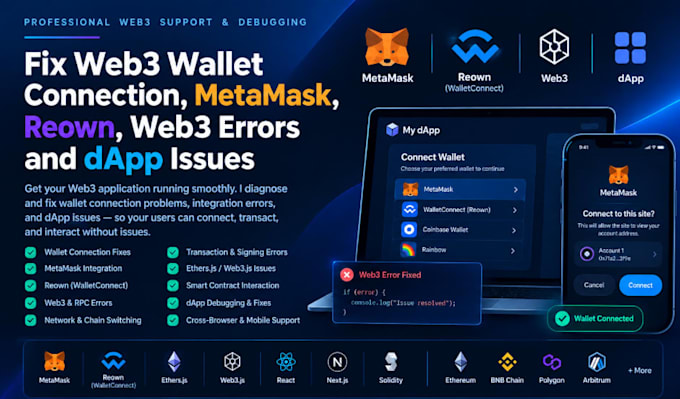 fix web3 wallet connection, metamask, reown, web3 errors and dapp issues