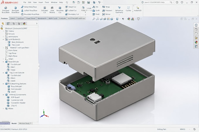 design 3d printable enclosures for pcb battery and iot devices for manufacturing