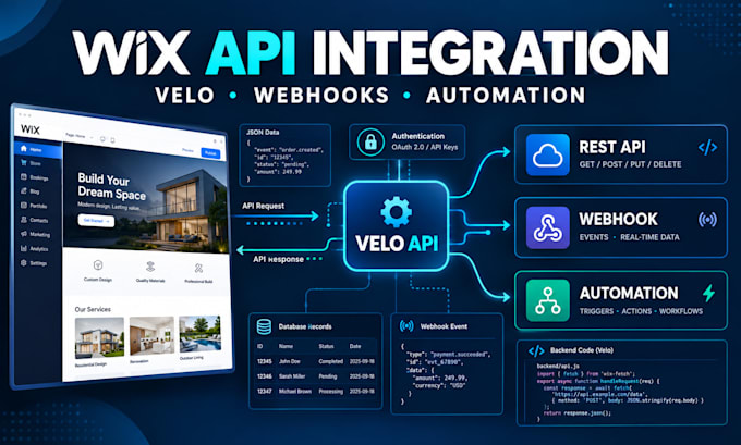 build wix velo API integration, webhook and third party integrations