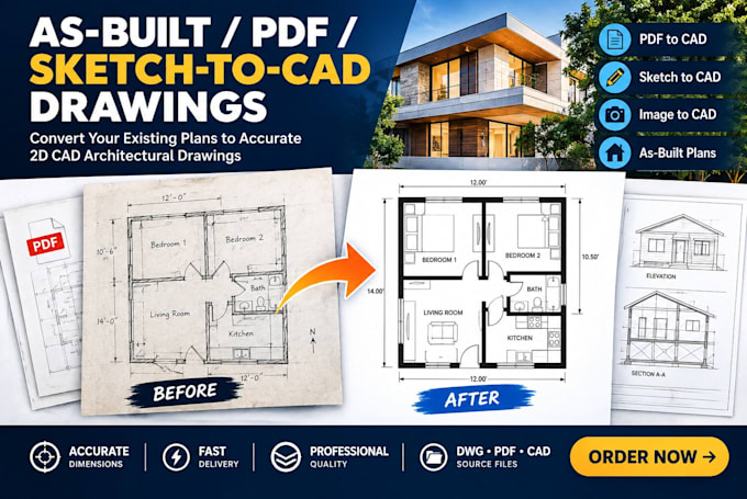 convert PDF, sketch or image to accurate as built cad drawings