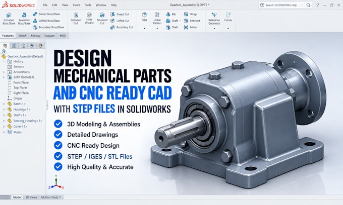design mechanical parts and cnc ready cad with step files in solidworks