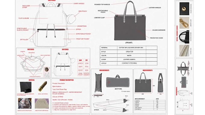do custom ttote bag, backpack, handbag, sewing bag pattern tech pack bag design